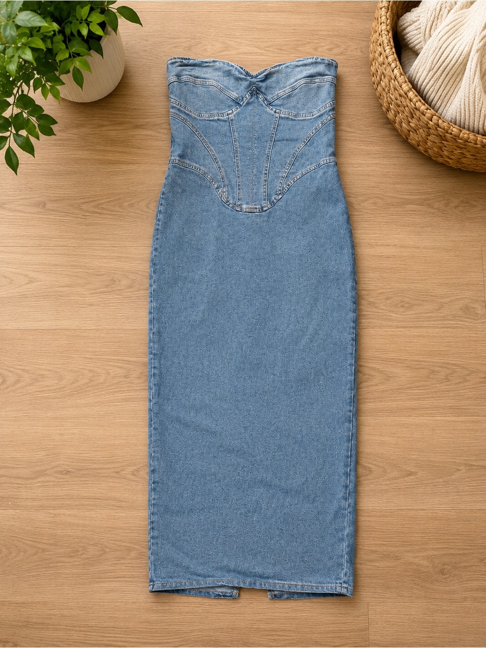 Fashion Nova Strapless Light Wash Denim Midi Dress